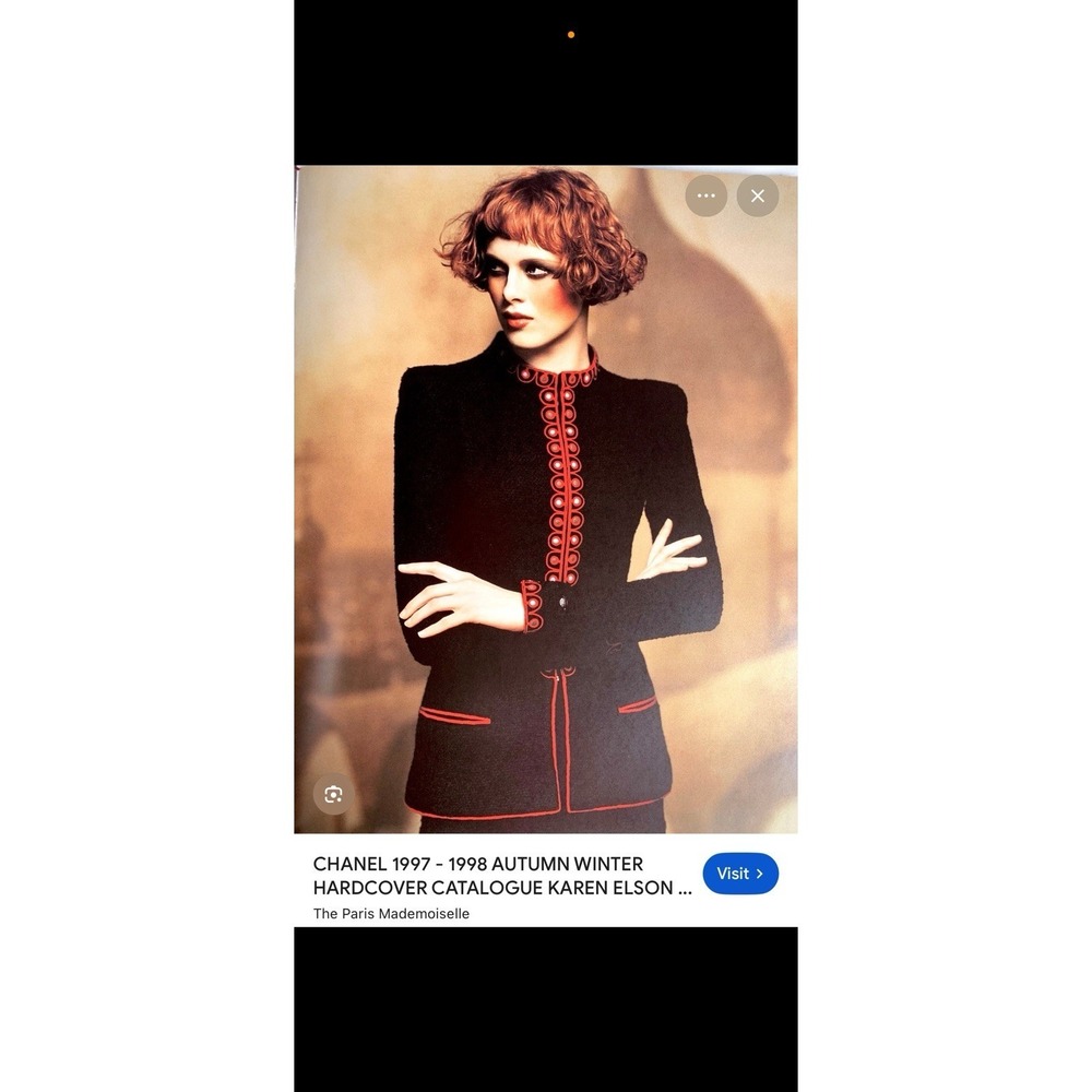 Chanel Vintage 1997 1998 Navy Red Tweed Skirt Suit Pleated Mock Neck Catalogue